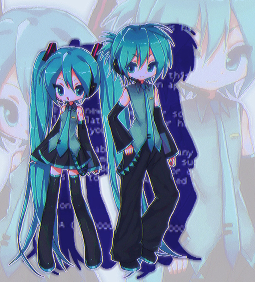 1boy 1girl absurdly_long_hair aqua_eyes aqua_hair aqua_necktie bare_shoulders black_footwear black_pants black_skirt black_sleeves black_thighhighs blue_screen_of_death boots breasts detached_sleeves drop_shadow dual_persona full_body genderswap genderswap_(ftm) hair_between_eyes hair_ornament hatsune_miku hatsune_mikuo headset highres long_hair long_sleeves looking_at_viewer miniskirt mixed-language_commentary necktie open_mouth outline pants pleated_skirt sabi_(s_abi_i) shirt shoes short_hair skirt sleeveless sleeveless_shirt small_breasts standing thigh-highs thigh_boots twintails very_long_hair vocaloid white_outline zettai_ryouiki zoom_layer