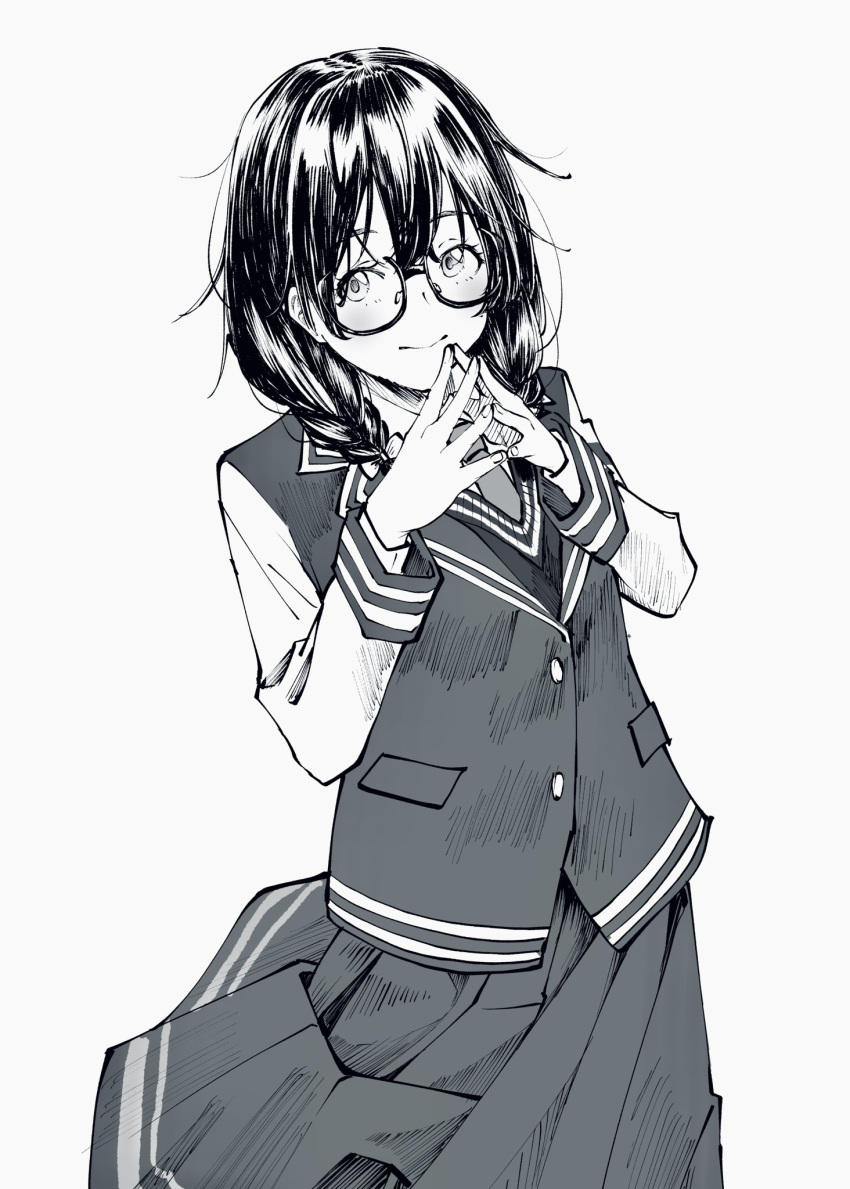 1girl black-framed_eyewear blazer blush bow braid cevio closed_mouth collared_shirt commentary_request glasses hair_between_eyes hair_bow hanakuma_chifuyu highres jacket keechino looking_at_viewer miniskirt monochrome necktie pleated_skirt shirt side_braids simple_background sketch skirt smile solo swept_bangs vest white_background white_shirt