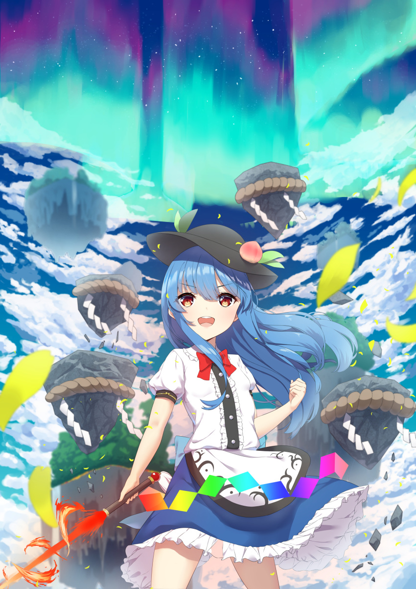 1girl absurdres ambasa aurora black_headwear blue_hair blue_skirt blue_sky bow bowtie clenched_hand clouds cloudy_sky commentary_request day falling_petals fire floating food fruit fruit_hat_ornament hat highres hinanawi_tenshi holding holding_sword holding_weapon keystone leaf leaf_hat_ornament long_hair open_mouth peach peach_hat_ornament petals puffy_short_sleeves puffy_sleeves rainbow_gradient rainbow_order red_bow red_bowtie red_eyes rock rope shide shimenawa shirt short_sleeves skirt sky smile solo sword sword_of_hisou touhou weapon white_shirt yellow_petals