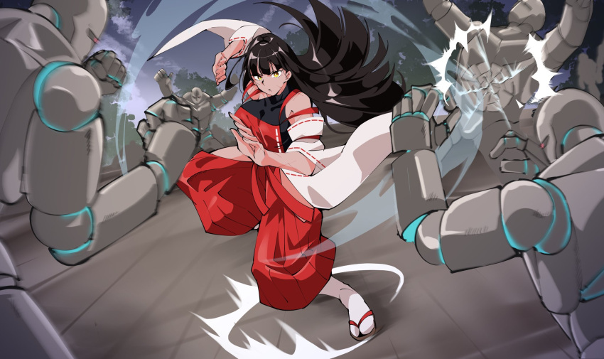 1girl battle_damage black_hair black_leotard breasts commentary_request commission damaged detached_sleeves doll_joints fighting fighting_stance fugaku_(miko_no_miyatsuguchi) golem hakama highres hip_vent japanese_clothes joints large_breasts leotard long_hair m.u.g.e.n multiple_scars outdoors red_hakama scar scar_on_arm scar_on_cheek scar_on_face scar_on_hand sendai_hakurei_no_miko skeb_commission sky stone_floor touhou tree wide_sleeves