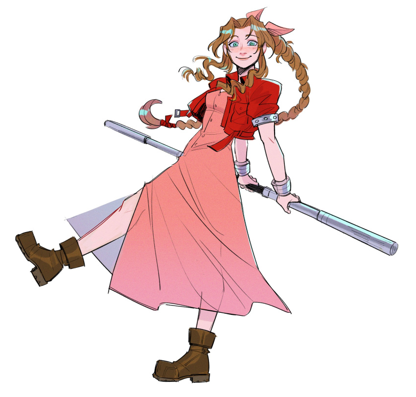 1girl absurdres aerith_gainsborough blue_eyes boots bow braid braided_ponytail brown_footwear brown_hair cropped_jacket dress final_fantasy final_fantasy_vii final_fantasy_vii_remake full_body hair_bow highres holding holding_staff jacket looking_at_viewer merorine metal_staff open_clothes open_jacket pink_dress red_jacket short_sleeves sidelocks simple_background smile solo staff standing standing_on_one_leg white_background