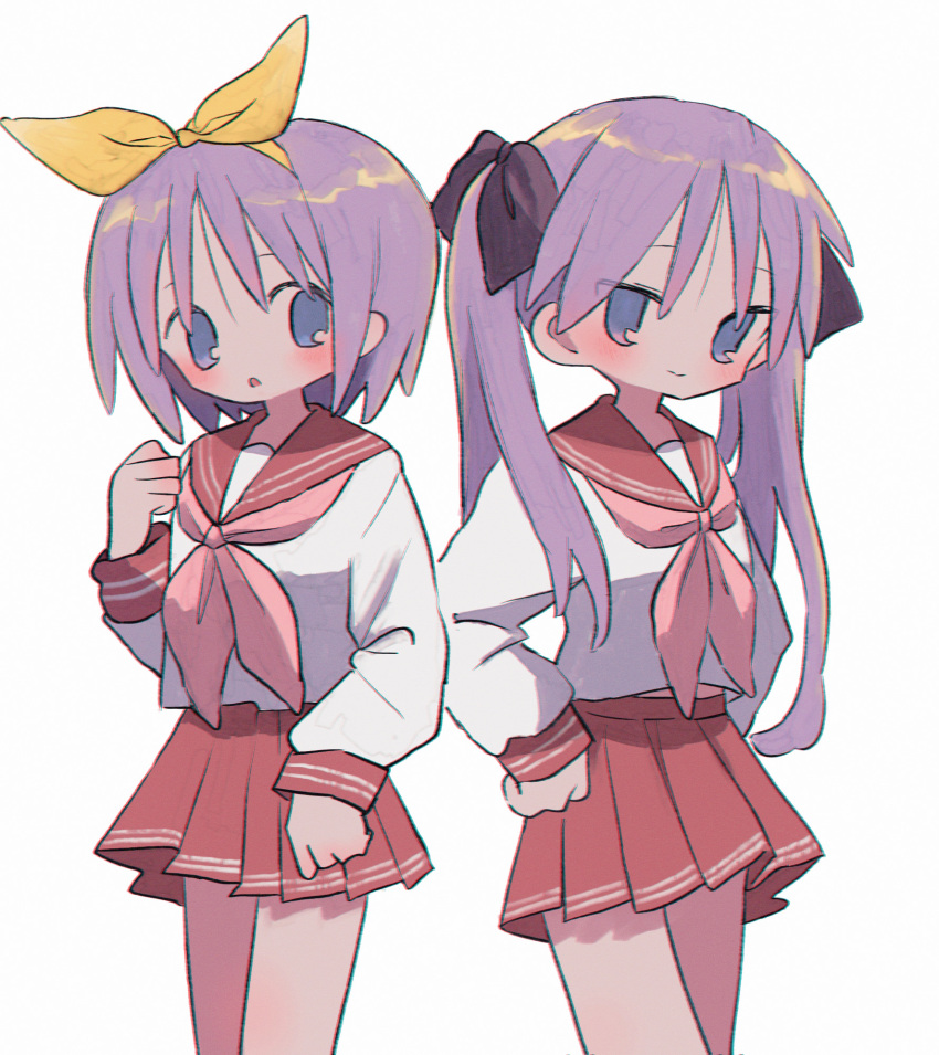 2girls black_bow blush bow closed_mouth hair_bow hairband highres hiiragi_kagami hiiragi_tsukasa long_hair looking_at_viewer lucky_star multiple_girls neckerchief parted_lips pleated_skirt purple_hair red_neckerchief red_skirt ri_(qrcode) school_uniform short_hair simple_background skirt twintails violet_eyes white_background