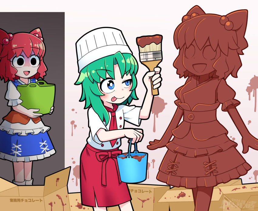 :p alternate_costume asymmetrical_hair blank_eyes blue_eyes blush box brown_sash bucket chef_hat chocolate commentary_request green_hair hair_bobbles hair_ornament hat highres holding holding_brush holding_bucket medium_hair obi obidome onozuka_komachi open_mouth puffy_short_sleeves puffy_sleeves red_skirt redhead sash sculpture shiki_eiki shirt short_sleeves skirt solidus_(sword_cube) tongue tongue_out touhou translation_request two_side_up white_shirt