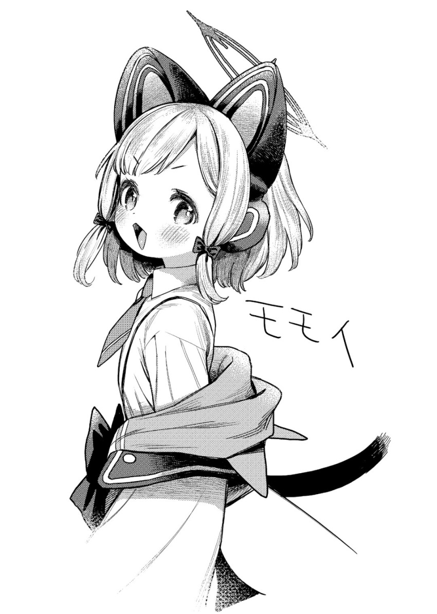 1girl animal_ear_headphones animal_ears blue_archive blush cat_ear_headphones collared_shirt fake_animal_ears greyscale halo headphones highres jacket looking_at_viewer mizuno_uchi momoi_(blue_archive) monochrome necktie off_shoulder open_mouth shirt short_hair solo tail