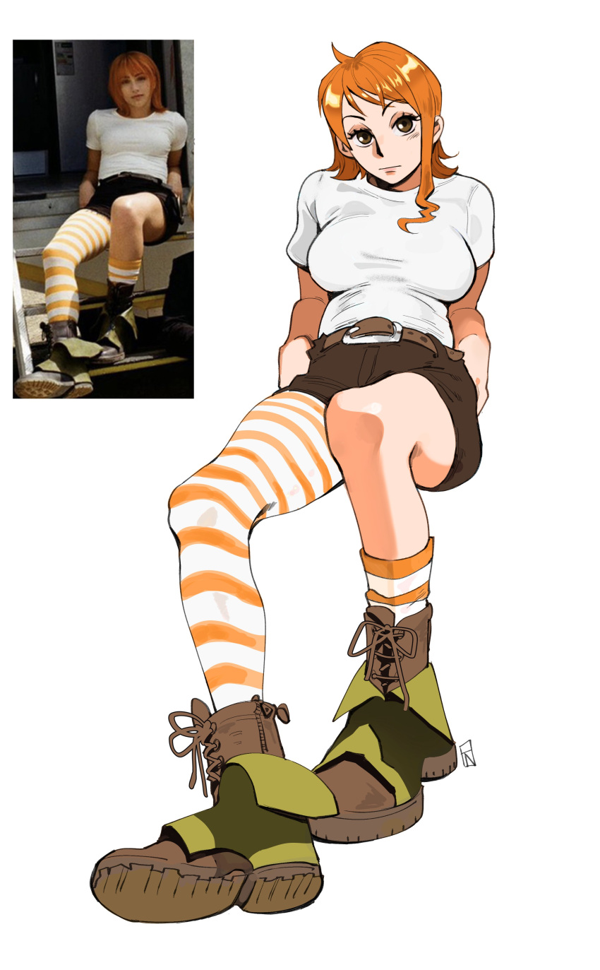 1girl absurdres alternate_costume asymmetrical_legwear belt boots breasts brown_eyes convenient_leg expressionless foreshortening full_body green_footwear head_tilt highres iago_fn large_breasts leaning_back lips looking_at_viewer nami_(one_piece) nose one_piece one_piece_(live_action) orange_hair orange_socks orange_thighhighs reference_inset shirt short_hair short_shorts short_sleeves shorts simple_background sitting socks solo striped_clothes striped_socks striped_thighhighs t-shirt thigh-highs white_background white_shirt white_socks white_thighhighs