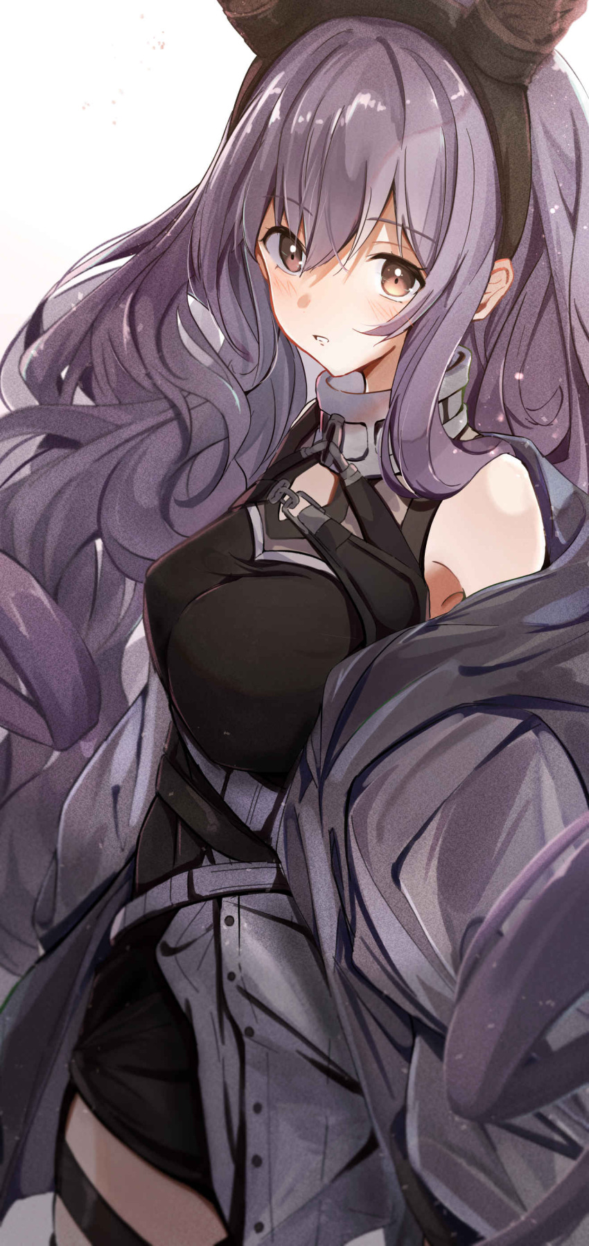 1girl absurdres arknights bare_shoulders black_hairband black_horns black_shirt black_shorts blush breasts brown_eyes cowboy_shot fake_horns from_side hairband highres horns jacket large_breasts long_hair long_sleeves looking_at_viewer motsupu off_shoulder open_clothes open_jacket parted_lips purple_hair shirt shorts simple_background sleeveless sleeveless_shirt solo teeth typhon_(arknights) very_long_hair white_background white_jacket