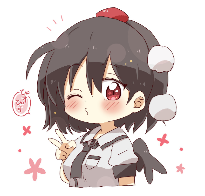 1girl black_hair black_necktie black_wings blush breasts chibi collared_shirt commentary_request cropped_torso dress_shirt floral_background hair_between_eyes hand_up hat highres looking_at_viewer medium_breasts mini_hat necktie o3o one_eye_closed puffy_short_sleeves puffy_sleeves red_eyes red_headwear shameimaru_aya shirt short_sleeves simple_background solo star_(symbol) star_in_eye symbol_in_eye tokin_hat totoharu_(kujirai_minato) touhou translation_request upper_body v white_background white_shirt wings