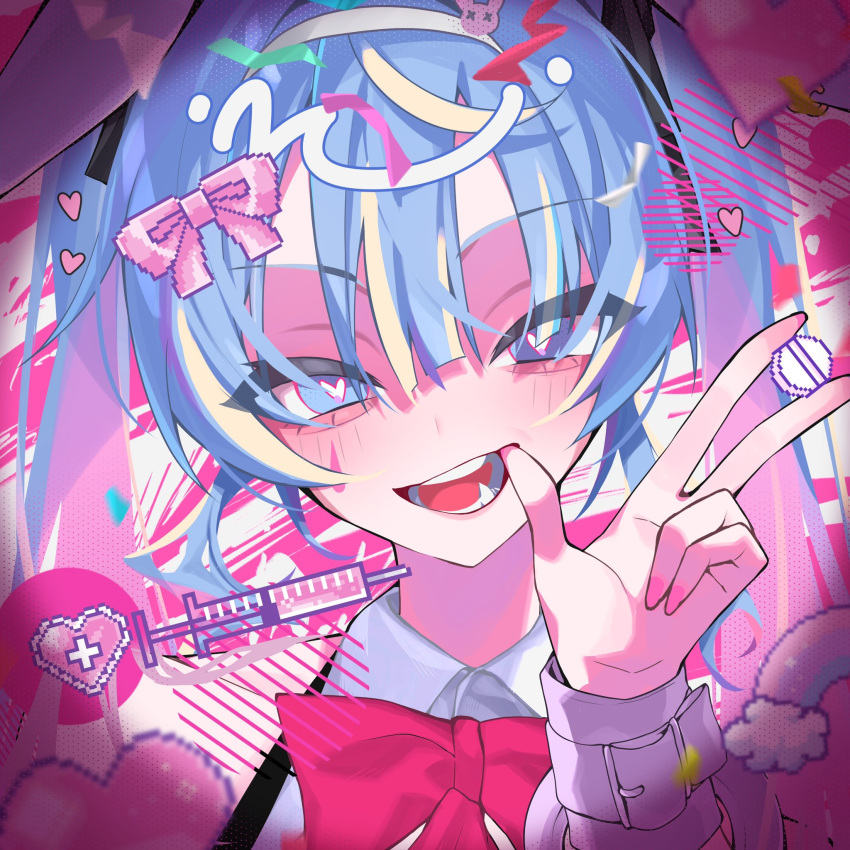 1girl :d animal_ears blue_eyes blue_hair blush bow bowtie close-up collared_shirt commentary fake_animal_ears finger_in_own_mouth gang_h hairband hand_up hatsune_miku heart heart-shaped_pupils highres long_hair looking_at_viewer nail_polish open_mouth pink_nails portrait rabbit_ears rabbit_hole_(vocaloid) red_bow red_bowtie shirt sidelocks smile solo symbol-shaped_pupils syringe teeth twintails vocaloid w white_hairband white_shirt white_wrist_cuffs wrist_cuffs
