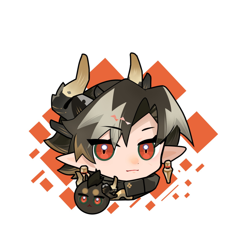 1boy absurdres arknights brown_hair chibi chinese_commentary chong_yue_(arknights) closed_mouth commentary_request cropped_shoulders dragon_boy dragon_bubble_(arknights) dragon_horns earrings eyes_visible_through_hair grey_hair highres horns jewelry light_smile looking_at_viewer male_focus pointy_ears portrait red_eyes short_hair solo white_background xinjinjumin_(zhu_jin_fanselit) yellow_horns