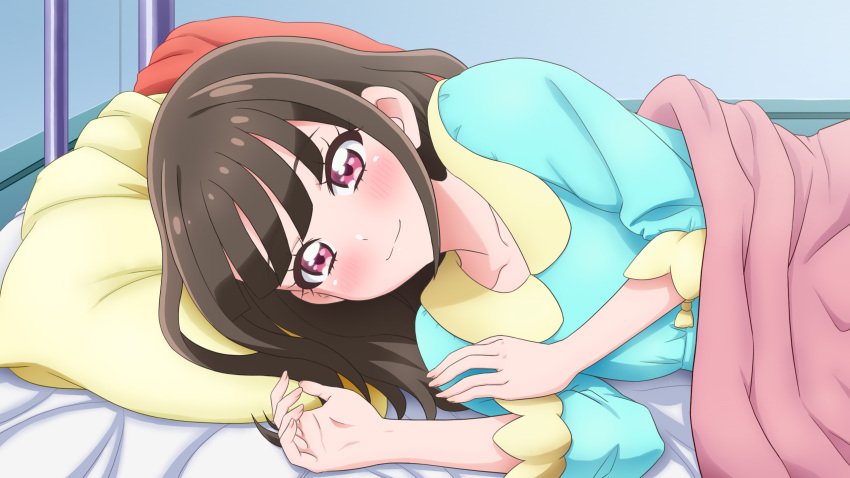1girl bed blanket blue_dress brown_hair closed_mouth collared_dress commentary_request dress hands_up highres indoors long_sleeves lying mameshiba_(pixiv_59310) nekoyashiki_mayu on_side pillow precure puffy_long_sleeves puffy_sleeves red_eyes smile solo under_covers wonderful_precure!