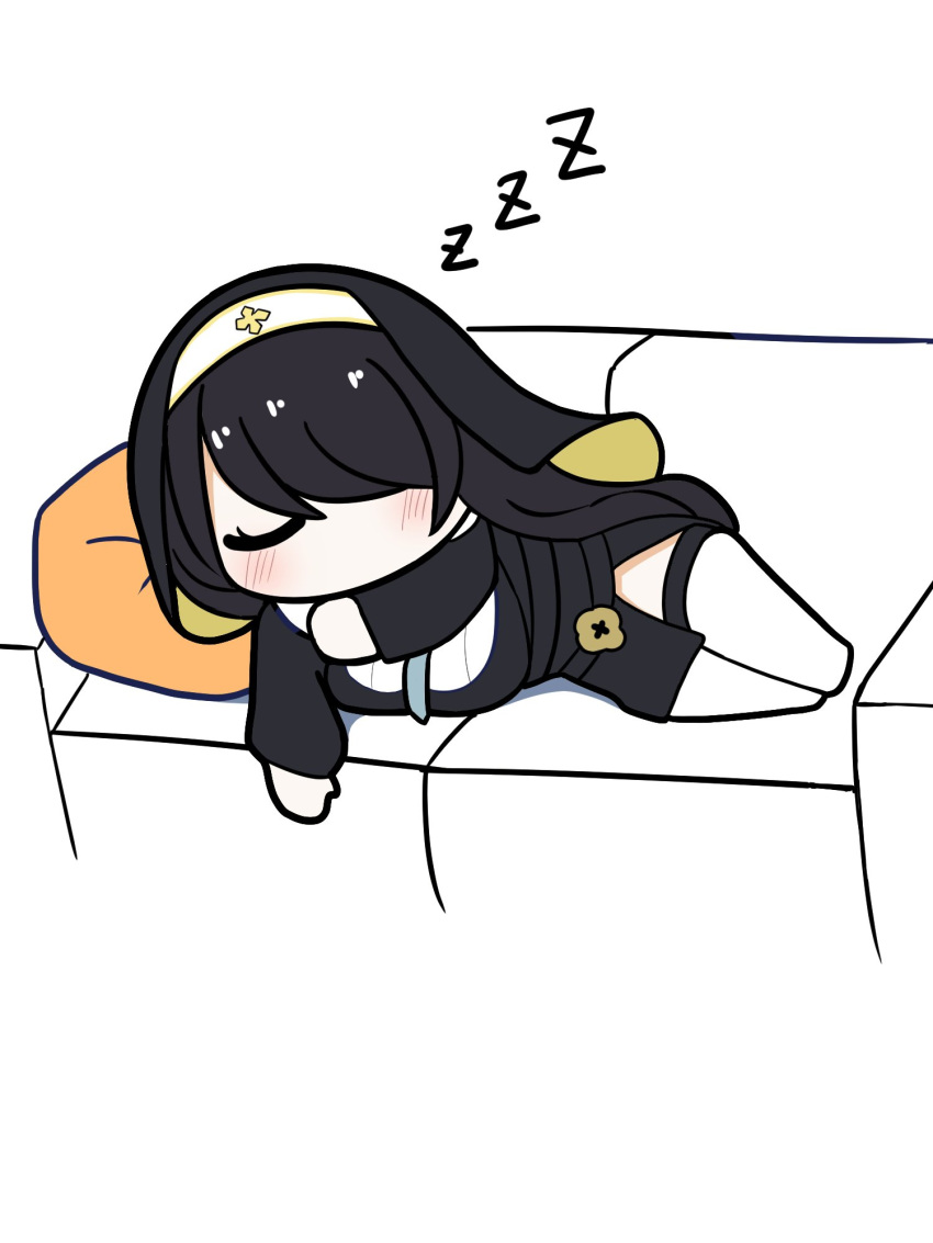 black_hair blue_archive chibi closed_eyes couch habit head_on_pillow highres hinata_(blue_archive) lying on_side outstretched_arm sleeping thigh-highs tog'
