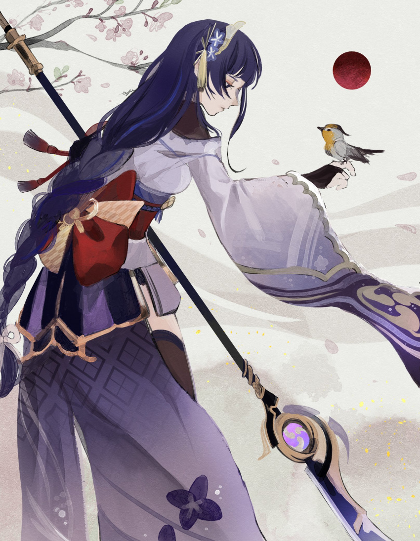 1girl bird bird_on_hand blunt_bangs braid branch co6_3g falling_petals from_side genshin_impact hair_ornament highres holding holding_weapon japanese_clothes leaning_forward long_hair looking_at_animal mitsudomoe_(shape) moon petals polearm raiden_shogun red_moon single_braid solo standing tomoe_(symbol) violet_eyes weapon
