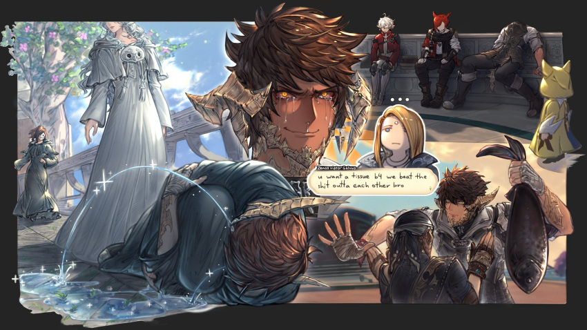 &gt;:) ... 4boys 4girls alisaie_leveilleur animal arms_at_sides au_ra black_border bloodshot_eyes blue_sky border brown_gloves brown_hair capelet clouds commentary constricted_pupils crying crying_with_eyes_open daijanaikedo day dragon_boy dragon_horns drawstring english_commentary english_text fetal_position final_fantasy final_fantasy_xiv fingerless_gloves fish g'raha_tia gloves hand_wraps highres holding holding_animal holding_fish hood hood_down hooded_capelet horns hugging_own_legs krile_mayer_baldesion_(ff14) long_hair looking_at_viewer lying male_focus mask mask_around_neck multiple_boys multiple_girls multiple_views on_side outdoors outside_border robe scales short_hair sitting sky smile snot sophist's_robe_(ff14) sparkle standing streaming_tears tassel tears unworn_mask v-shaped_eyebrows venat_(ff14) warrior_of_light_(ff14) wavy_hair white_capelet white_hair white_robe yellow_eyes zenos_yae_galvus