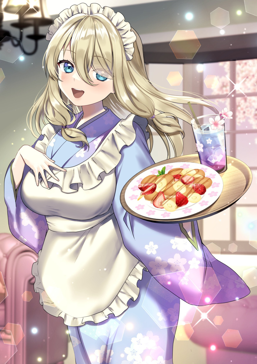1girl :d absurdres apron blonde_hair blue_eyes blue_kimono blush breasts floral_print floral_print_kimono frilled_apron frills gradient_kimono hair_between_eyes hair_over_one_eye hand_on_own_chest highres holding holding_tray indie_virtual_youtuber indoors japanese_clothes kazepana kimono large_breasts lens_flare looking_at_viewer maid maid_apron maid_headdress nanamiya_nako official_alternate_costume open_mouth print_kimono purple_kimono second-party_source sidelocks smile solo tray virtual_youtuber wa_maid white_apron wide_sleeves