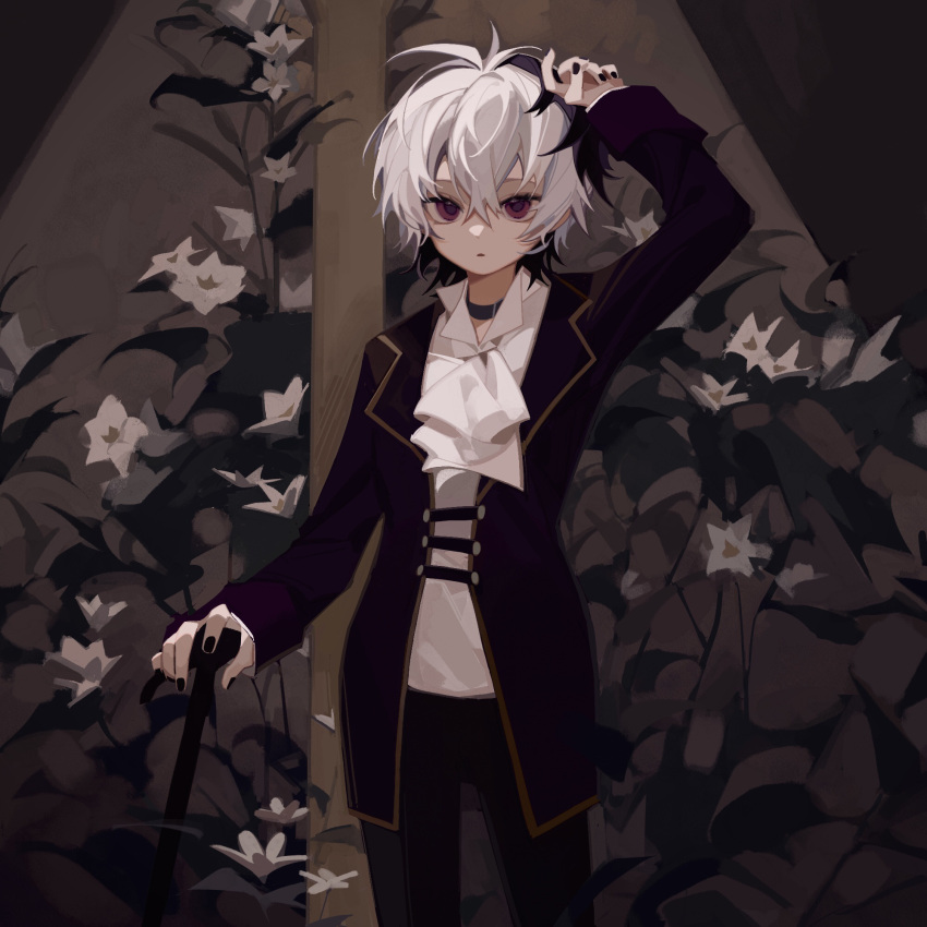 1girl alternate_costume androgynous antenna_hair arm_up ascot black_choker black_hair black_jacket black_nails black_pants cane choker collared_shirt colored_inner_hair eight-b flower_(vocaloid) flower_(vocaloid4) hair_between_eyes highres indoors jacket long_sleeves looking_at_viewer multicolored_hair nail_polish pants parted_lips reverse_trap shirt short_hair solo streaked_hair violet_eyes vocaloid white_ascot white_hair white_shirt