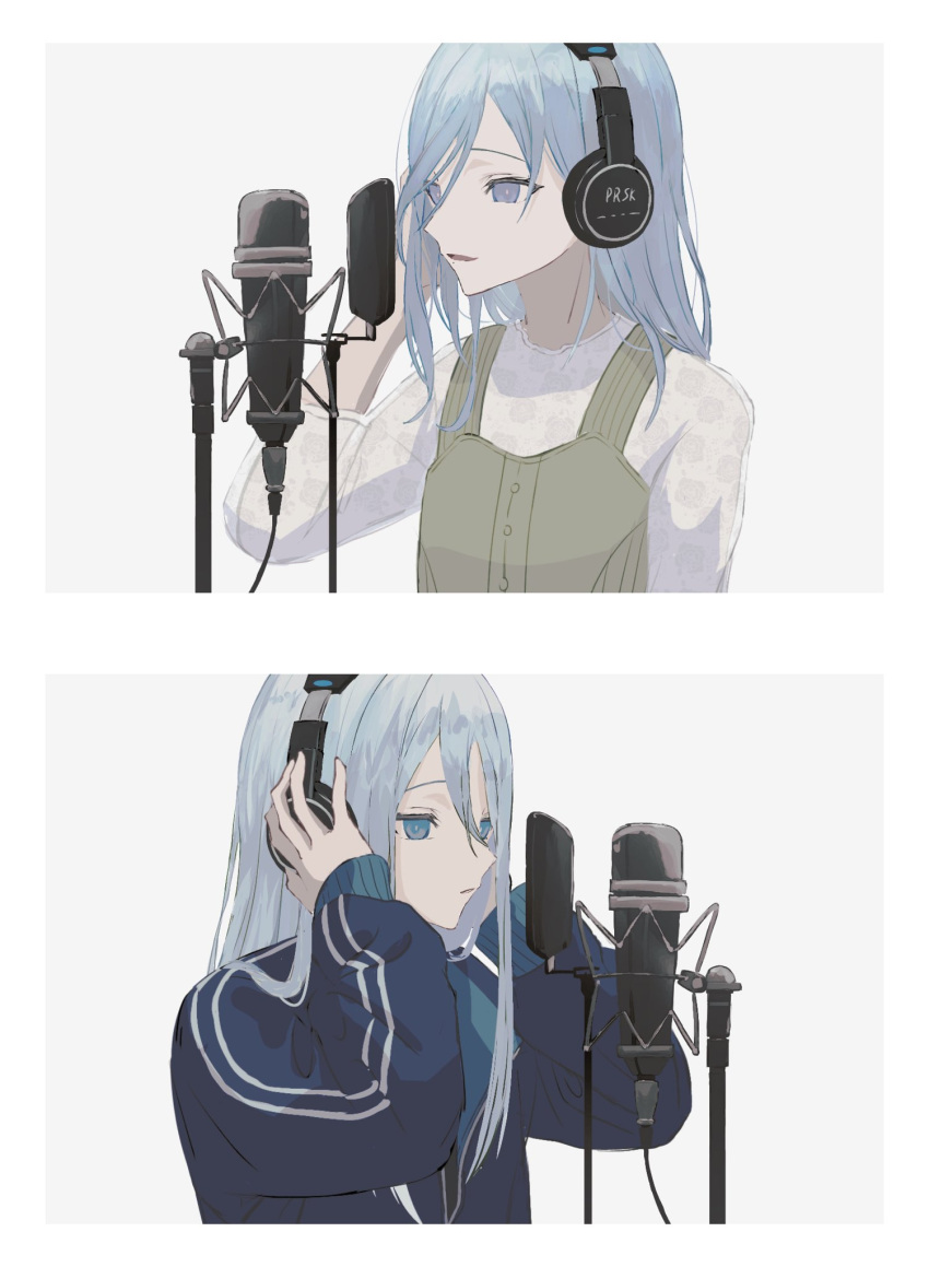 2girls blue_eyes blue_hair blue_jacket border commentary_request dress emon_(maguro03_ice) floral_print green_dress hand_on_headphones hands_on_headphones headphones highres hinomori_shizuku jacket light_blue_hair long_hair microphone microphone_stand mole mole_under_mouth multiple_girls open_mouth pinafore_dress project_sekai shirt sleeveless sleeveless_dress studio_microphone swept_bangs white_border white_shirt
