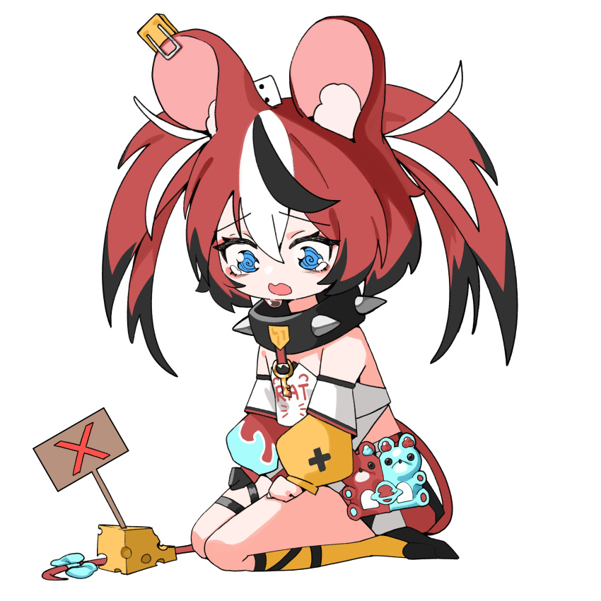 1girl absurdres animal_ear_fluff animal_ears asymmetrical_clothes asymmetrical_legwear asymmetrical_sleeves bare_shoulders belt black_collar black_gloves black_hair blue_eyes bow cheese chibi clothes_writing collar crop_top crying detached_sleeves dice_hair_ornament ear_ornament food food_on_clothes full_body gloves hair_ornament hakos_baelz hakos_baelz_(1st_costume) highres hololive hololive_english jadea5124 jewelry key key_necklace kneehighs layered_sleeves leg_warmers long_sleeves midriff miniskirt mismatched_legwear mouse_ears mouse_girl mouse_tail multicolored_clothes multicolored_hair necklace off-shoulder_shirt off_shoulder open_mouth puffy_detached_sleeves puffy_long_sleeves puffy_sleeves red_leg_warmers red_sleeves redhead ribbon shirt shoes short_hair short_over_long_sleeves short_sleeves sign simple_background single_glove single_leg_warmer sitting skirt socks solo spiked_collar spikes strapless strapless_shirt streaked_hair tail tail_bow tail_ornament tail_ribbon tube_top twintails v virtual_youtuber wariza white_background white_hair white_shirt yellow_bow yellow_sleeves