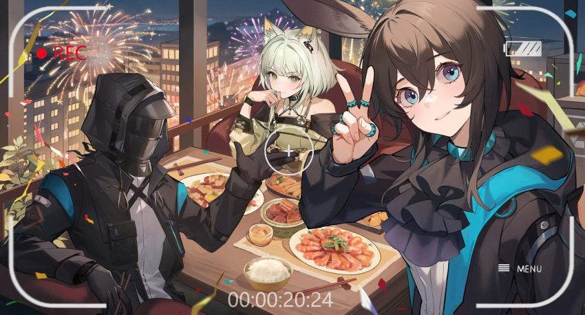 1other 2girls 9chung aerial_fireworks ambiguous_gender amiya_(arknights) animal_ear_fluff animal_ears arknights ascot bare_shoulders battery_indicator black_ascot black_coat black_gloves black_jacket blue_eyes blush bowl bright_pupils brown_hair building cat_ears chinese_commentary chopsticks coat collarbone commentary confetti doctor_(arknights) dress fingernails fireworks food gloves green_dress green_eyes hair_between_eyes highres hood hood_down hooded_jacket jacket jewelry kal'tsit_(arknights) lips long_sleeves looking_at_viewer mask medium_hair multiple_girls multiple_rings open_clothes open_jacket parted_lips plant rabbit_ears recording rice ring shirt short_hair shrimp skyscraper stethoscope v viewfinder watch watch white_pupils white_shirt window