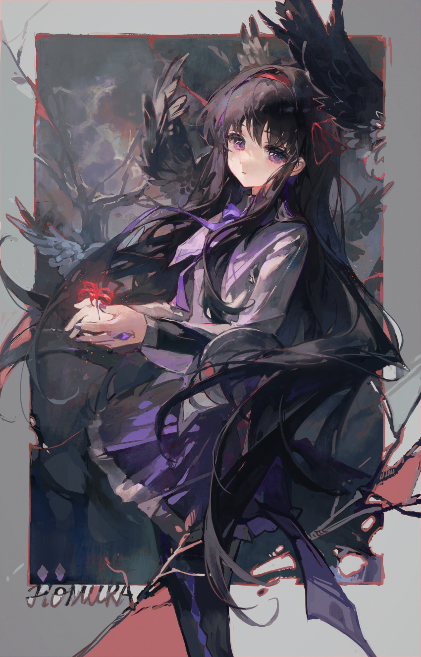 1girl absurdres akemi_homura black_hair black_pantyhose character_name expressionless feet_out_of_frame floating_hair flower from_side grey_shirt hairband highres inset_border long_hair long_sleeves looking_at_viewer maccha_(mochancc) mahou_shoujo_madoka_magica miniskirt neck_ribbon outside_border own_hands_together pantyhose parted_lips pleated_skirt purple_ribbon purple_skirt red_hairband ribbon shirt sidelocks skirt solo spider_lily straight_hair violet_eyes