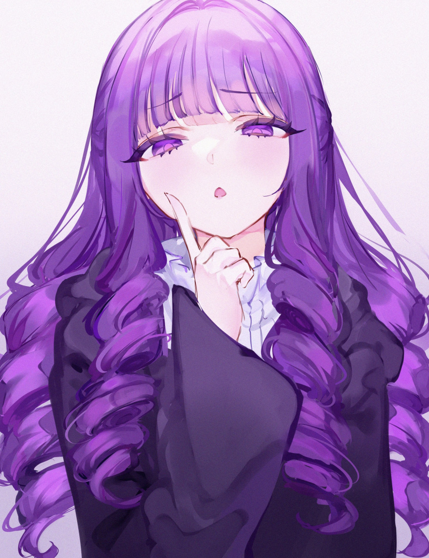 1girl absurdres drill_hair fern_(sousou_no_frieren) half-closed_eyes hand_up highres index_finger_raised jacket long_hair long_sleeves looking_at_viewer mile_(off8mile) open_mouth purple_hair purple_jacket simple_background solo sousou_no_frieren upper_body violet_eyes