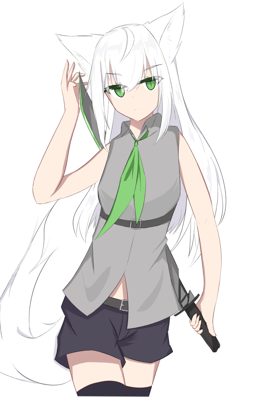 1girl absurdres animal_ear_fluff animal_ears arm_up bare_arms bare_shoulders belt belt_buckle black_belt black_shorts black_thighhighs buckle closed_mouth collared_shirt commentary_request dress_shirt fox_ears fox_girl fox_tail green_eyes grey_shirt hair_between_eyes highres holding holding_sword holding_weapon kuronagi_(mitora_uwu) long_hair looking_to_the_side original shirt short_shorts shorts simple_background sleeveless sleeveless_shirt solo sword sword_behind_back tail thigh-highs very_long_hair weapon white_background white_hair