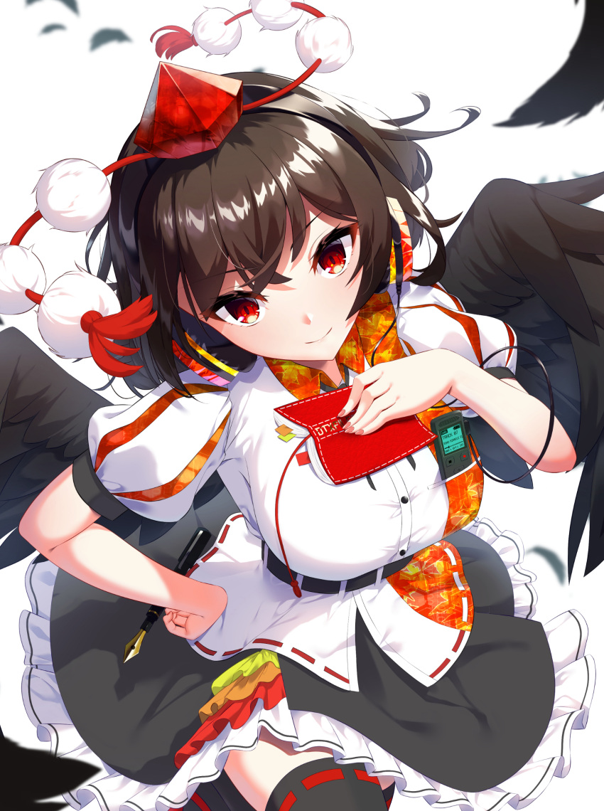 1girl ambasa bird_wings black_skirt black_thighhighs black_wings brown_hair closed_mouth commentary_request falling_feathers feathers hat headphones highres holding holding_notebook looking_at_viewer nib_pen_(object) notebook pen pom_pom_(clothes) puffy_short_sleeves puffy_sleeves red_eyes red_headwear shameimaru_aya shirt short_hair short_sleeves skirt smile solo thigh-highs tokin_hat touhou wings