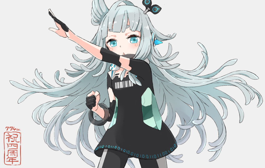 1girl and_uge barcode binary black_dress black_pants blue_eyes blunt_bangs blush circle_facial_mark clenched_hand commentary copyright_name cowboy_shot dress finger_cots flat_chest floating_hair grey_background grey_hair hair_wings henshin_pose long_hair looking_at_viewer medium_bangs nanashi_inc. open_mouth pants rokkaku_game simple_background solo symbol-only_commentary thick_eyebrows very_long_hair