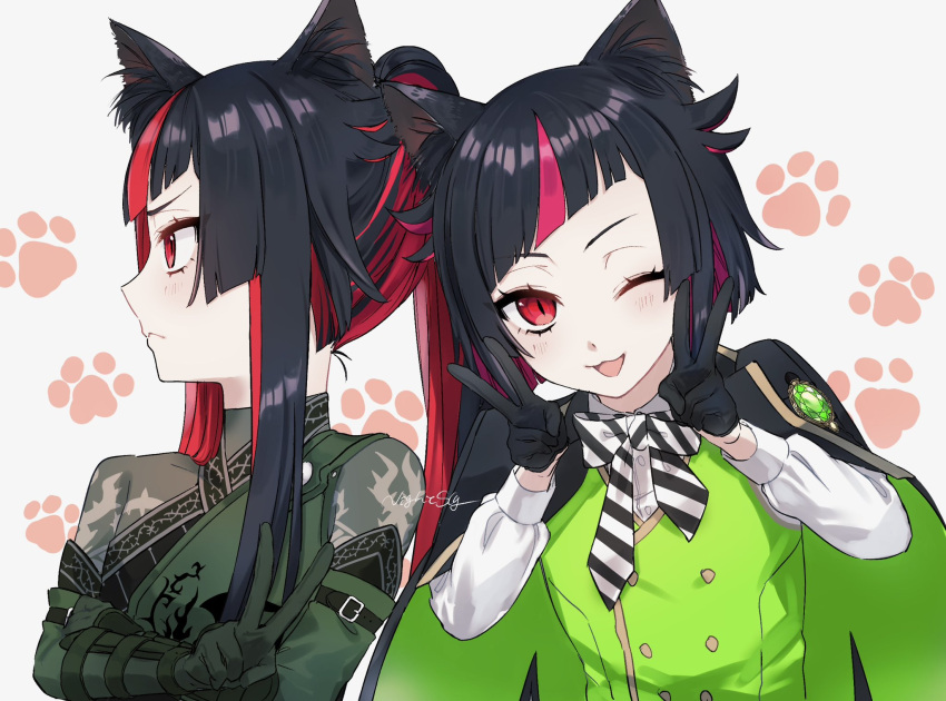 2boys ;3 androgynous animal_ear_fluff animal_ears arm_belt artist_name belt black_belt black_bow black_coat black_gloves black_hair blunt_bangs blunt_ends blush bow bowtie brooch cat_boy cat_ears chest_protector closed_mouth coat commentary crossed_arms diagonal_bangs double_v dual_persona elbow_gloves gloves green_gloves green_shirt green_vest hair_flaps highres jewelry kemonomimi_mode lilia_vanrouge long_hair long_sleeves looking_at_viewer male_focus multicolored_hair multiple_boys night_raven_college_uniform one_eye_closed open_mouth paw_print pink_hair ponytail red_eyes redhead school_uniform shirt short_hair signature simple_background streaked_hair striped_bow symbol-only_commentary thorn_print tsun_(thornforest_186) twisted_wonderland two-tone_hair upper_body v vest white_background white_shirt