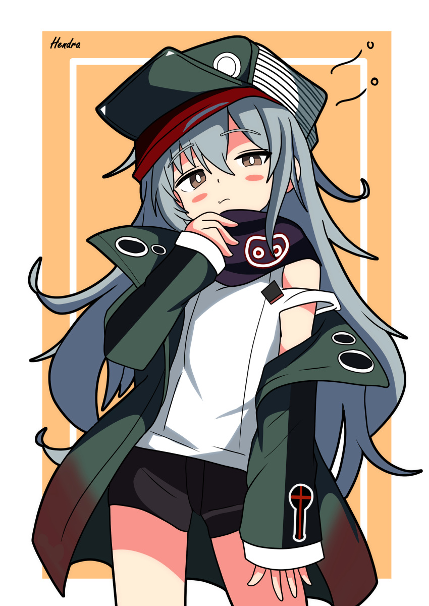 1girl absurdres adjusting_scarf arm_at_side black_scarf black_shorts blush_stickers border brown_eyes closed_mouth expressionless g11_(girls'_frontline) girls_frontline green_headwear green_jacket grey_hair hair_between_eyes hat hendra highres inset_border jacket long_hair long_sleeves looking_at_viewer open_clothes open_jacket orange_background outside_border scarf shirt shorts sidelocks simple_background sleeveless sleeveless_shirt solo white_border white_shirt