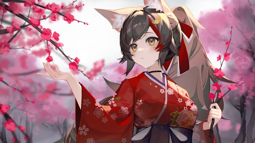 1girl absurdres animal_ears black_choker black_hair blurry blurry_background branch breasts choker cine_(wazd0183) commentary_request flower hair_ornament hair_ribbon hakama high_ponytail highres holding holding_branch hololive japanese_clothes kimono long_hair long_sleeves looking_to_the_side medium_breasts multicolored_hair ookami_mio outdoors parted_lips plum_blossoms ponytail red_kimono red_ribbon redhead ribbon solo standing streaked_hair upper_body virtual_youtuber wide_sleeves wolf_ears wolf_girl yellow_eyes