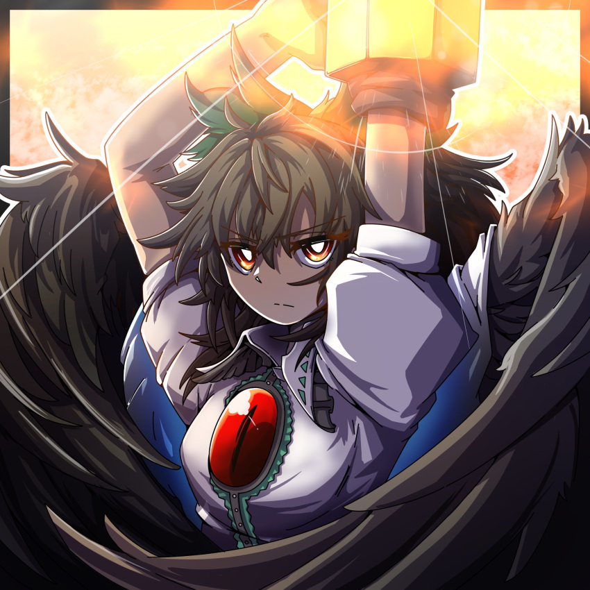 1girl ;d arm_cannon arms_up bird_wings black_hair black_wings bow bright_pupils brown_eyes buttons cape center_frills closed_mouth collared_shirt commentary_request control_rod fire frilled_shirt_collar frills frown glowing green_bow hair_between_eyes hair_bow highres hurin_raika long_hair looking_at_viewer medium_bangs one_eye_closed puffy_short_sleeves puffy_sleeves reiuji_utsuho shirt short_sleeves smile solo third_eye touhou upper_body v-shaped_eyebrows weapon white_cape white_pupils white_shirt wings