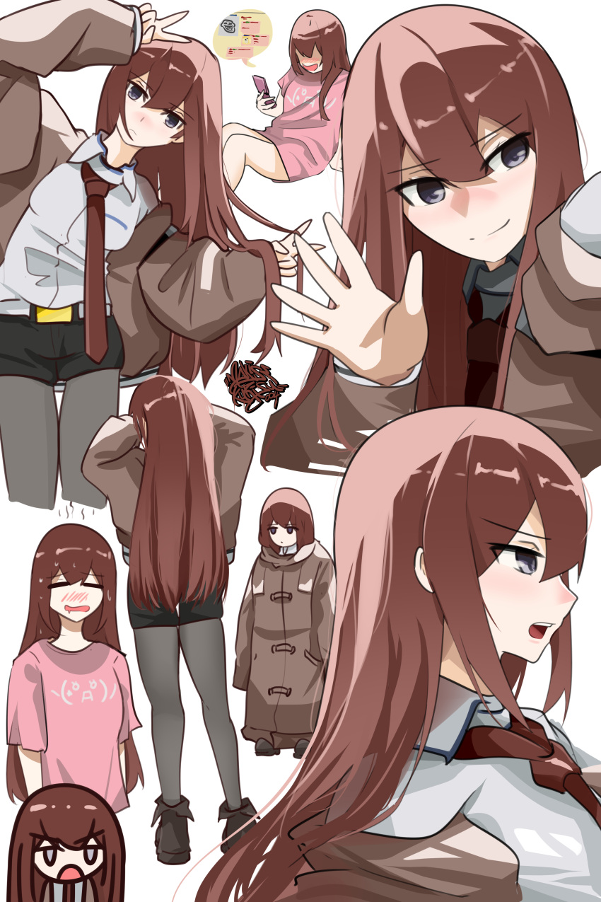 1girl 4chan absurdres adjusting_hair black_shorts blush brown_coat brown_hair brown_jacket chibi closed_eyes closed_mouth coat collared_shirt double_v highres holeecrab jacket kaomoji long_hair looking_at_viewer makise_kurisu multiple_views necktie open_clothes open_jacket open_mouth pantyhose pink_shirt print_shirt red_necktie shirt shorts simple_background solo_focus steins;gate sweat teeth troll_face upper_teeth_only v violet_eyes waving white_background white_shirt