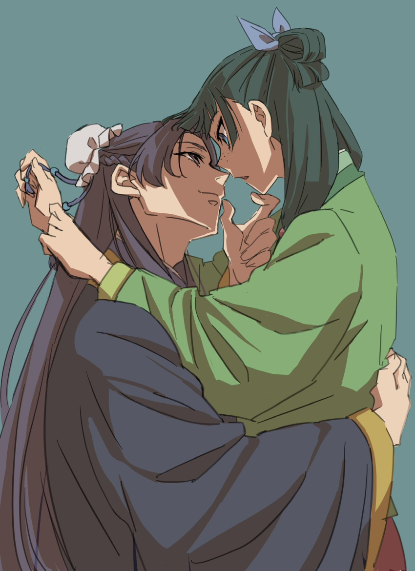 1boy 1girl ayamame beads blue_eyes blue_hanfu blunt_bangs bun_cover chinese_clothes commentary_request face-to-face freckles green_hanfu green_robe hair_beads hair_ornament hand_on_another's_back hand_up hanfu highres jinshi_(kusuriya_no_hitorigoto) kusuriya_no_hitorigoto looking_at_another maomao_(kusuriya_no_hitorigoto) parted_lips profile robe smile standing upper_body violet_eyes wide_sleeves