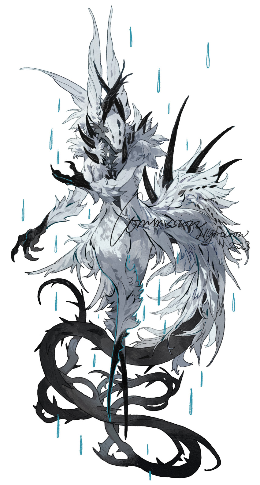 absurdres animal_focus artist_name black_wings claws commission facing_viewer from_side full_body head_wings highres monster multiple_wings nightcrow no_eyes no_humans original signature simple_background solo spikes tail water_drop white_background white_wings wings