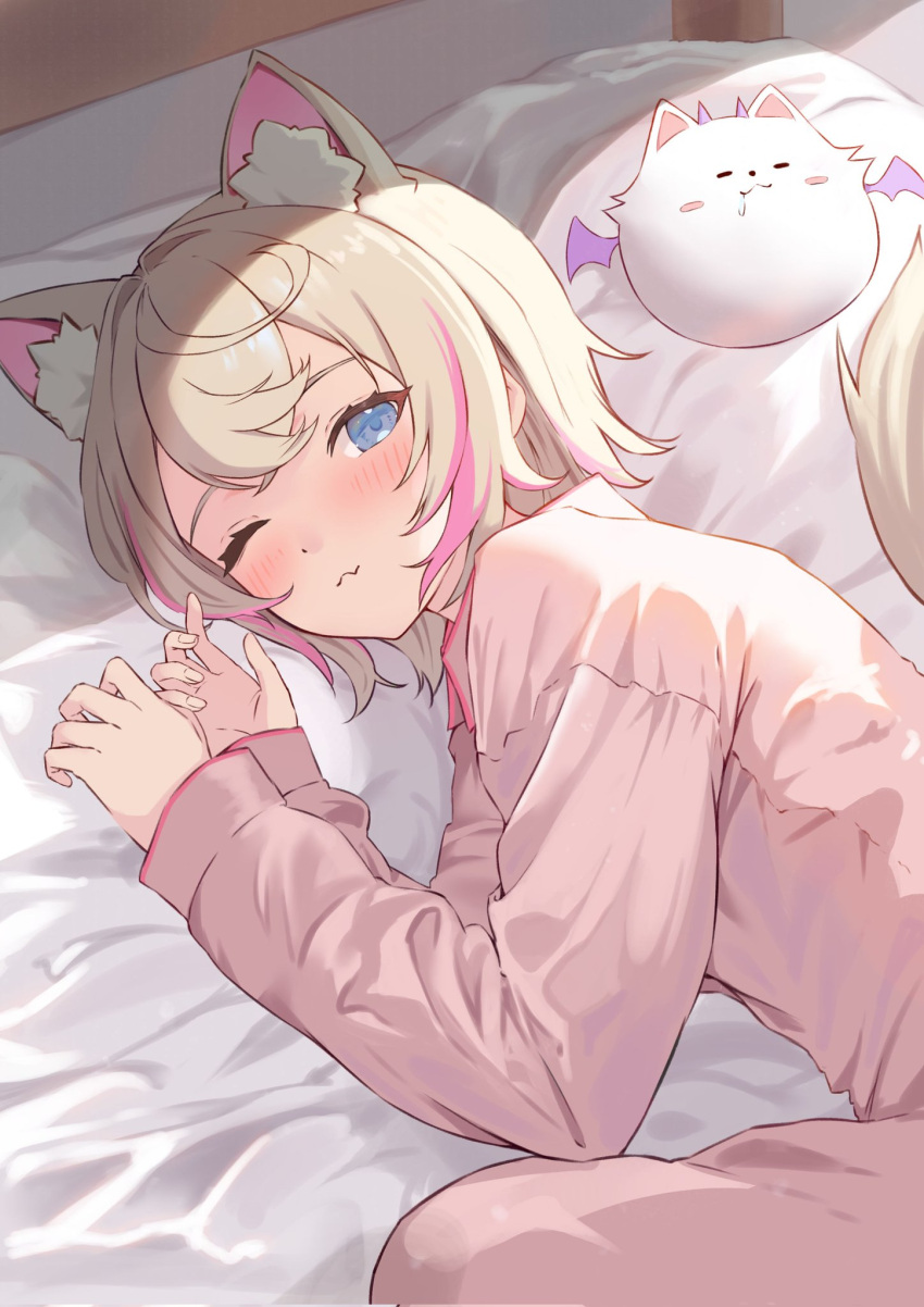 1girl ;3 alternate_costume animal_ear_fluff animal_ears blonde_hair blue_eyes blush crossed_bangs dog_ears dog_girl dog_tail double-parted_bangs highres hololive hololive_english long_sleeves lying mococo_abyssgard morning multicolored_hair namakatsu on_bed on_side one_eye_closed pajamas perroccino_(fuwamoco) pink_hair solo streaked_hair tail virtual_youtuber waking_up