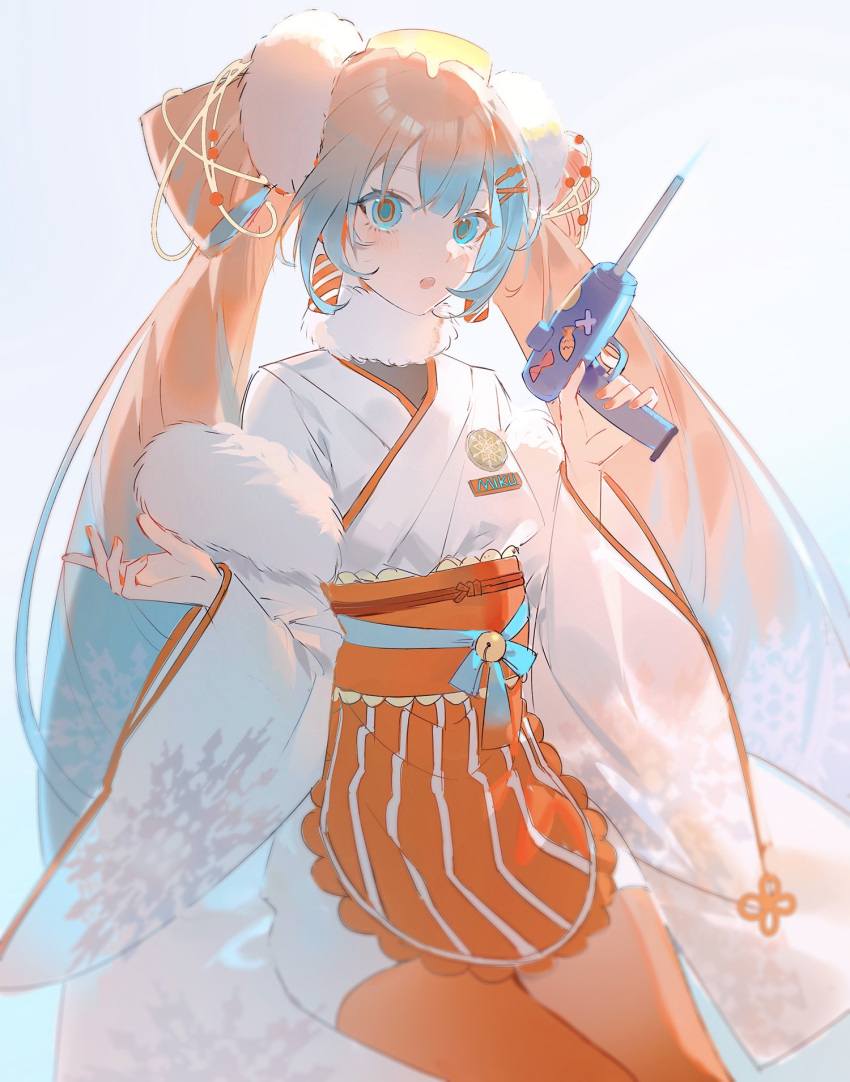1girl apron aqua_hair aqua_sclera bell blue_fire colored_sclera fire hatsune_miku highres holding holding_lighter japanese_clothes kimono lighter long_hair multicolored_hair name_tag o-shaped_pupils orange_hair orange_nails orange_pupils orange_thighhighs simple_background solo thigh-highs twintails vocaloid white_background white_kimono wide_sleeves zhanzhan_lan