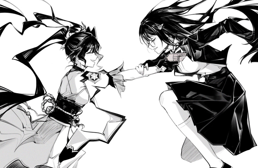 2girls :d blazer closed_eyes collared_shirt dress dual_persona facing_another feet_out_of_frame floating_hair from_side glasses greyscale gun hatching_(texture) highres holding holding_gun holding_weapon honkai:_star_rail honkai_(series) jacket kneehighs linear_hatching long_bangs long_hair long_sleeves monochrome multiple_girls obi open_clothes open_jacket open_mouth pleated_skirt pointing_gun profile sash shirt sidelocks skirt sleeveless sleeveless_dress smile snubnosed_revolver socks sparkle_(honkai:_star_rail) straight_hair twintails weapon yeyiqian