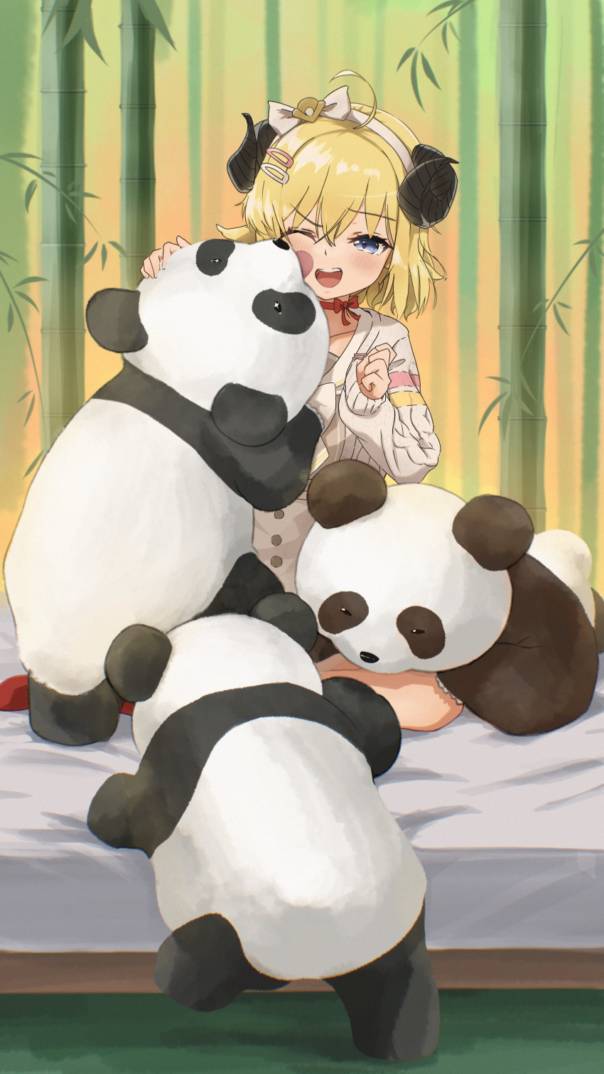 1girl ;d absurdres animal_ears bamboo bamboo_forest blonde_hair blue_eyes blush cardigan dress forest grey_dress hair_ornament hairband hairclip highres hololive horns licking licking_another's_face nature neck_ribbon one_eye_closed panda red_ribbon ribbon sanutarou sheep_ears sheep_girl sheep_horns short_hair smile tsunomaki_watame tsunomaki_watame_(street_casual) virtual_youtuber white_cardigan white_hairband