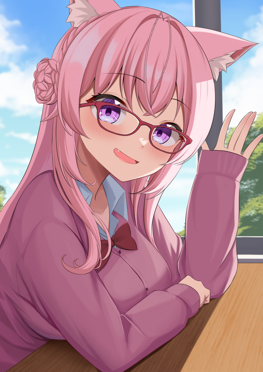 1girl 9696k absurdres animal_ears bespectacled bow bowtie breasts classroom collared_shirt desk fang glasses hakui_koyori highres hololive indoors large_breasts long_hair looking_at_viewer open_mouth red-framed_eyewear red_bow red_bowtie shirt sitting solo tail violet_eyes virtual_youtuber white_shirt wolf_ears wolf_tail