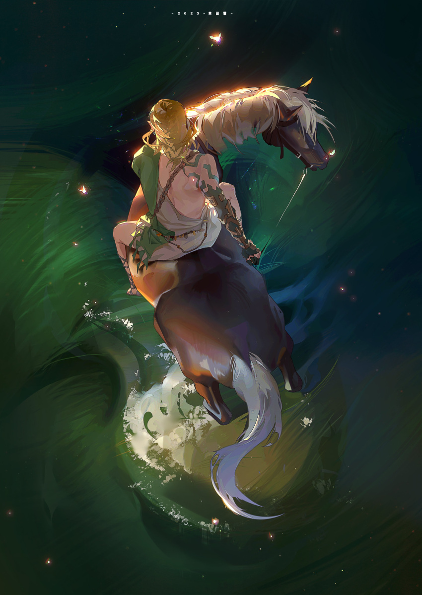 1boy absurdres archaic_set_(zelda) arm_tattoo blonde_hair fairy from_above from_behind glowing grass highres horse horseback_riding link riding single_bare_shoulder tattoo the_legend_of_zelda the_legend_of_zelda:_breath_of_the_wild toga zm-panda-