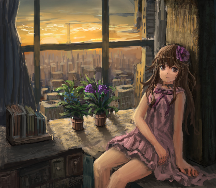 1girl ame_sagari bare_arms bare_legs bare_shoulders black_choker book book_stack bow bowtie brown_hair building choker city closed_mouth clouds cloudy_sky commentary cowboy_shot curtains drawer dress flower frilled_dress frills hair_flower hair_ornament highres indoors long_hair looking_at_viewer orange_skirt original plant potted_plant purple_bow purple_bowtie purple_dress purple_flower purple_rose rose short_dress sidelocks sitting skirt sky skyscraper sleeveless sleeveless_dress smile solo sunset violet_eyes window