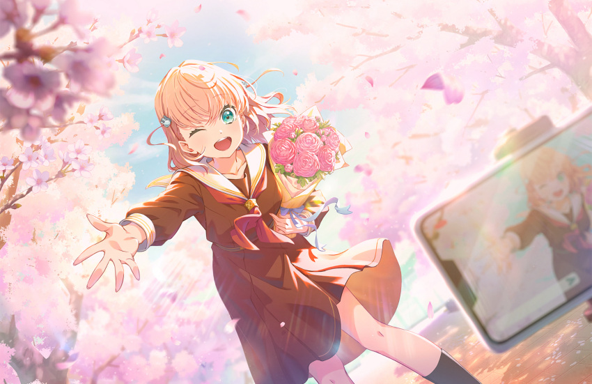 1girl ;d aqua_eyes artist_request blonde_hair blue_ribbon bouquet brown_dress cellphone cherry_blossoms collarbone copyright_name crossed_bangs dress falling_petals flower hair_ornament hasu_no_sora_school_uniform highres hinoshita_kaho holding holding_bouquet link!_like!_love_live! long_sleeves looking_at_viewer love_live! medium_hair neckerchief official_art one_eye_closed open_hand open_mouth outdoors outstretched_arm petals phone pink_flower pink_rose pleated_dress rabbit_hair_ornament reaching reaching_towards_viewer red_neckerchief ribbon rose sailor_collar sailor_dress school_uniform serafuku side_ahoge smartphone smile solo taking_picture teeth third-party_source upper_teeth_only white_sailor_collar winter_uniform