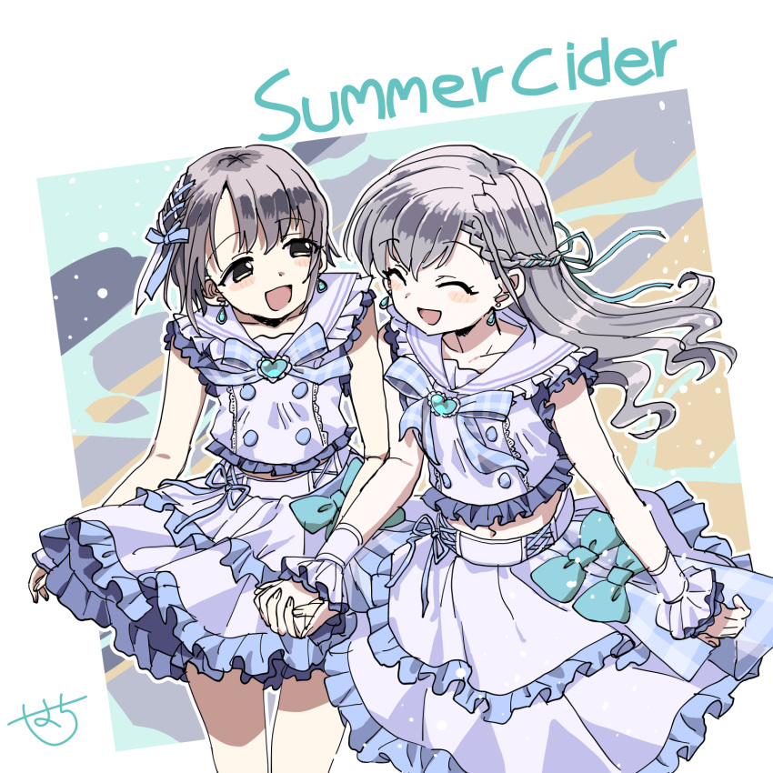 2girls asymmetrical_bangs bare_shoulders black_eyes blush bow braid braided_bangs breasts buttons closed_eyes collarbone dot_nose dress earrings frilled_skirt frills grey_hair hachi_(8bit_canvas) hair_ribbon highres hisakawa_hayate holding_hands idol idolmaster idolmaster_cinderella_girls idolmaster_cinderella_girls_starlight_stage jewelry layered_skirt long_hair looking_at_another medium_bangs midriff_peek multiple_girls navel open_mouth otokura_yuuki ribbon sailor_collar sailor_shirt shirt short_hair signature skirt sleeveless small_breasts smile sola-iris_(idolmaster) white_sailor_collar white_shirt wrist_cuffs