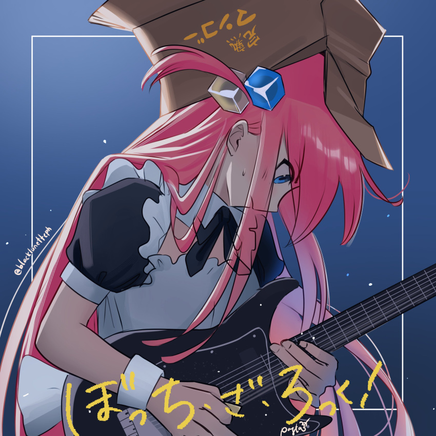 1girl absurdres apron black_dress black_lunette blue_background blue_eyes bocchi_the_rock! box box_on_head cardboard_box closed_mouth commentary cube_hair_ornament dress english_commentary flat_chest gotoh_hitori guitar hair_ornament highres holding holding_guitar holding_instrument instrument leaning_forward long_bangs long_hair maid music one_side_up pink_hair playing_guitar playing_instrument puffy_short_sleeves puffy_sleeves short_sleeves sidelocks solo upper_body white_apron wrist_cuffs