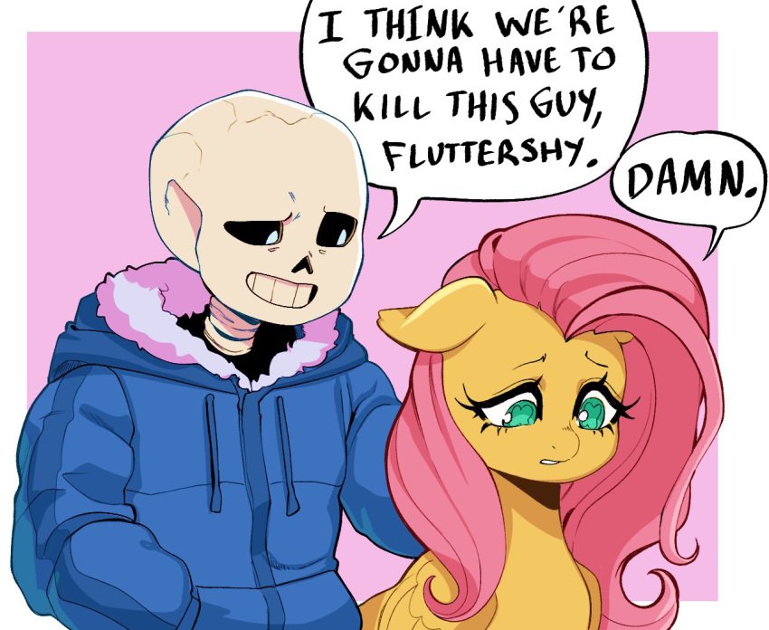 1boy 1girl blue_jacket border colored_skin english_commentary english_text fluttershy hood horse_girl i_think_we're_gonna_have_to_kill_this_guy_steven_(meme) jacket meme my_little_pony my_little_pony:_friendship_is_magic nubi_mei pink_background pink_hair sad sans skeleton undertale white_border yellow_fur yellow_skin
