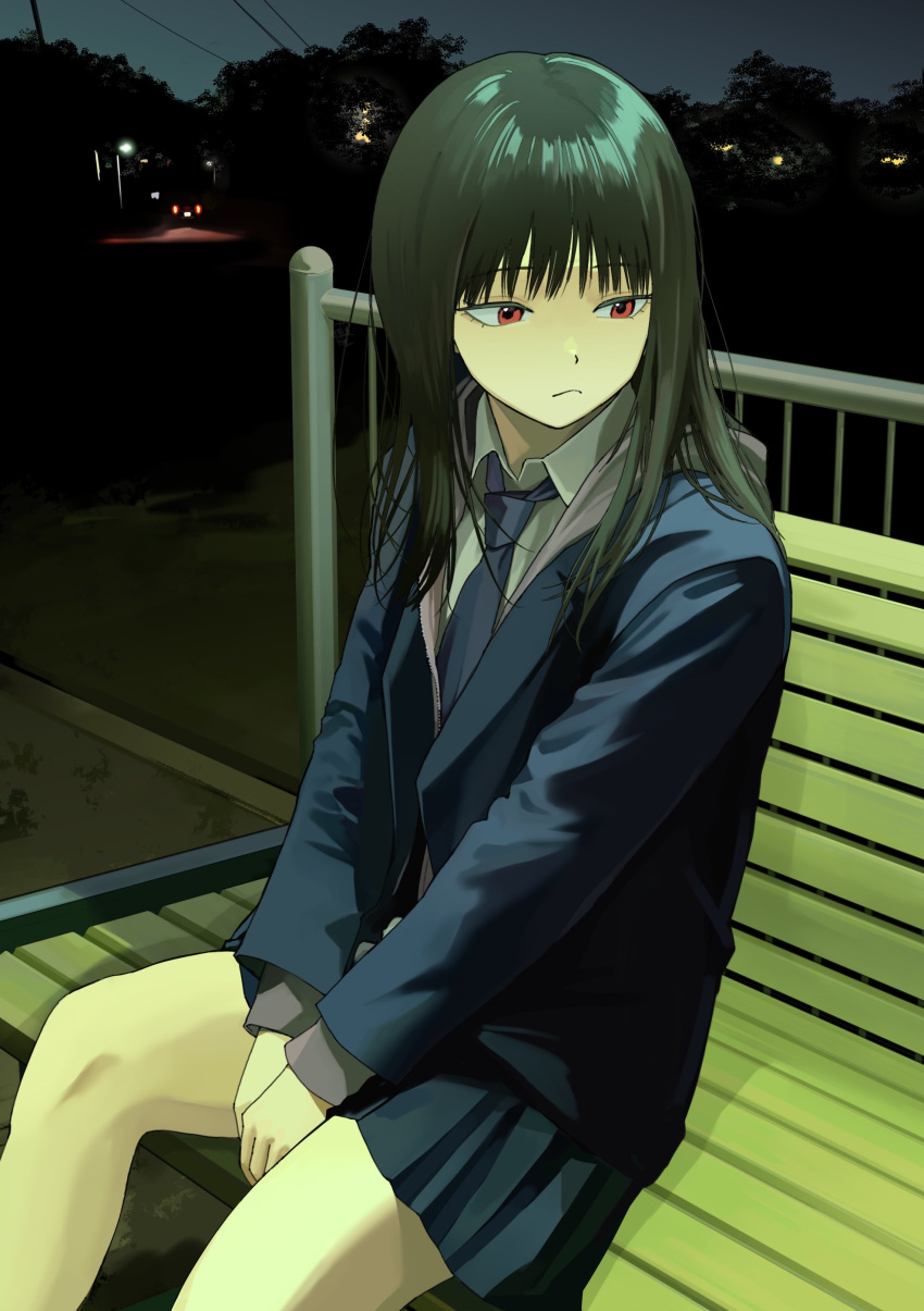 1girl absurdres arms_between_legs bare_legs bench black_hair blazer blue_jacket blue_necktie blue_skirt blush closed_mouth collared_shirt feet_out_of_frame frown highres jacket long_bangs long_hair long_sleeves looking_to_the_side miniskirt mmmo3 necktie night open_clothes open_jacket original outdoors park_bench pleated_skirt power_lines railing red_eyes shirt sitting skirt solo straight_hair white_shirt wispy_bangs
