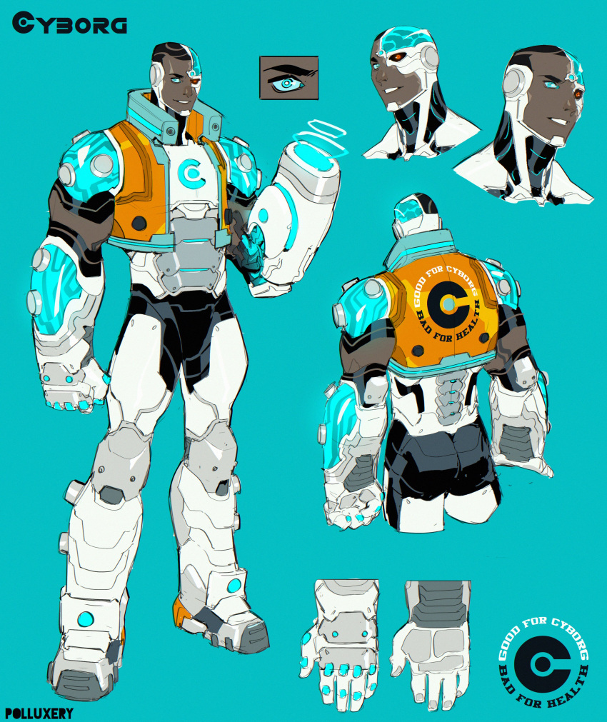1boy absurdres alternate_design body_modification buzz_cut collage concept_art cyborg cyborg_(dc) dark-skinned_male dark_skin dc_comics hair_tattoo highres large_hands looking_ahead male_focus multiple_views muscular muscular_male polluxery short_hair smile standing teen_titans very_short_hair