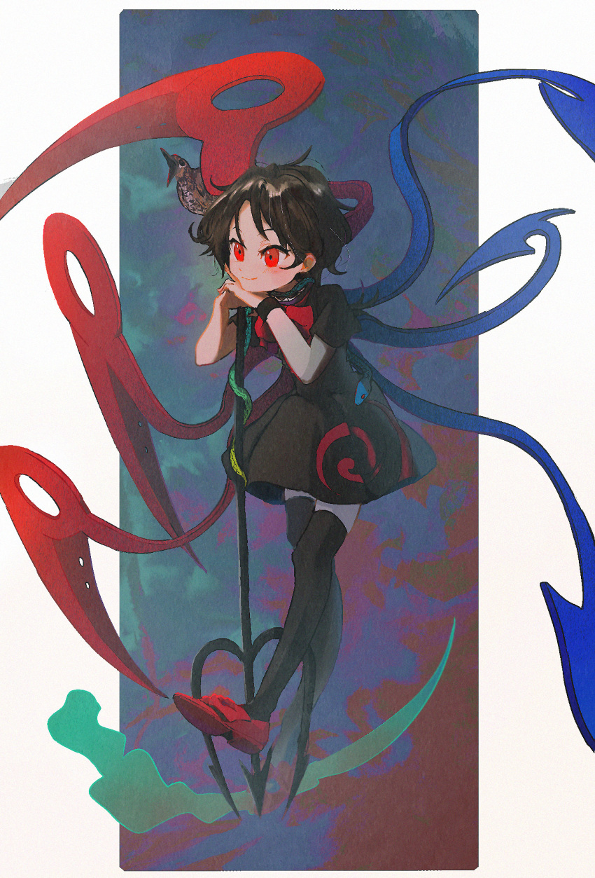 1girl asymmetrical_wings bird black_dress black_hair black_thighhighs blush bow bowtie closed_mouth commentary dress full_body head_rest highres houjuu_nue long_hair minamia23 own_hands_together polearm red_bow red_bowtie red_eyes red_footwear shoes short_sleeves smile snake solo thigh-highs touhou trident weapon wings wrist_cuffs
