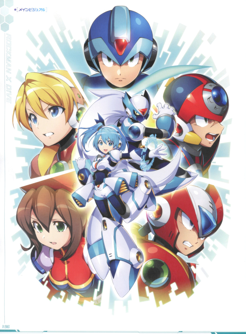 3girls 4boys absurdres alia_(mega_man) android armor armored_boots axl_(mega_man) beret blonde_hair blue_eyes bodysuit boots breasts brown_hair clenched_teeth closed_mouth copyright_name full_body gloves green_eyes hair_ornament hat helmet highres holding iris_(mega_man) joints leg_up looking_at_viewer medium_breasts mega_man_(series) mega_man_x_(series) mega_man_x_dive mizuno_keisuke multiple_boys multiple_girls official_art open_mouth page_number parted_lips ponytail rico_(mega_man) robot_joints scan scar scar_on_face serious shorts side_ponytail skin_tight smile teeth upper_body via_(mega_man) x_(mega_man) zero_(mega_man)