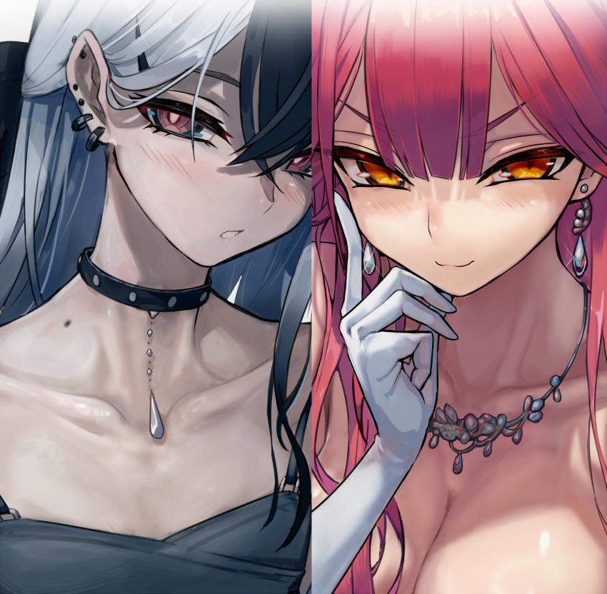 2girls aru_(blue_archive) aru_(dress)_(blue_archive) black_hair blue_archive blush breasts choker collarbone commentary_request earrings finger_to_cheek gloves hair_between_eyes highres jewelry kayoko_(blue_archive) kayoko_(dress)_(blue_archive) large_breasts long_hair looking_at_viewer mole mole_on_neck multiple_earrings multiple_girls necklace official_alternate_costume open_mouth red_eyes redhead shiny_skin small_breasts smile upper_body walzrj white_hair
